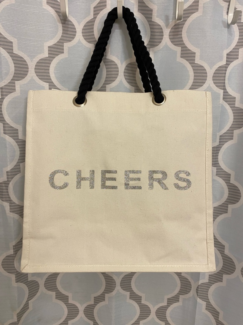Canvas Tote Bag with 'CHEERS' Wine Tote Glitter Text and Black Rope Handles